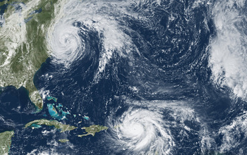 Satellite image of 2017's Hurricane Jose off the U.S. Atlantic coast and Hurricane Maria over Atlantic waters to the southeast of Jose.